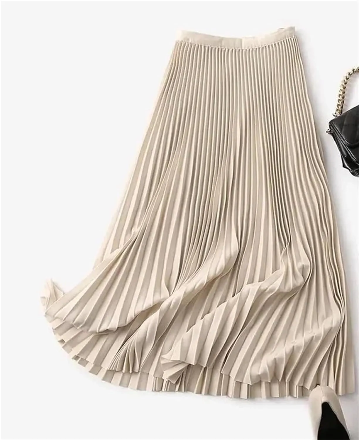 Women Long Pleated Skirts Elastic Band Fashion A Line Elegant Office Ladies Midi Skirt