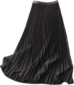 Women Long Pleated Skirts Elastic Band Fashion A Line Elegant Office Ladies Midi Skirt