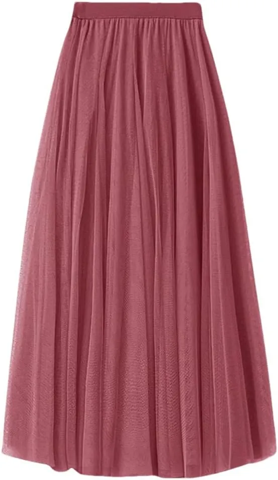 Women Loose Mid Length Party Dance High Waisted Tulle A Line Skirt Solid Color Holiday Party Large Swing Skirts