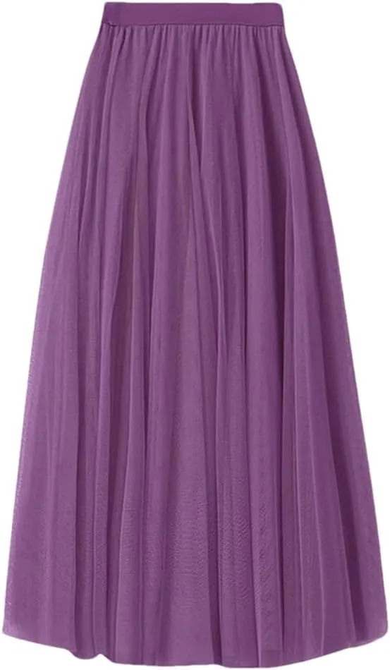 Women Loose Mid Length Party Dance High Waisted Tulle A Line Skirt Solid Color Holiday Party Large Swing Skirts
