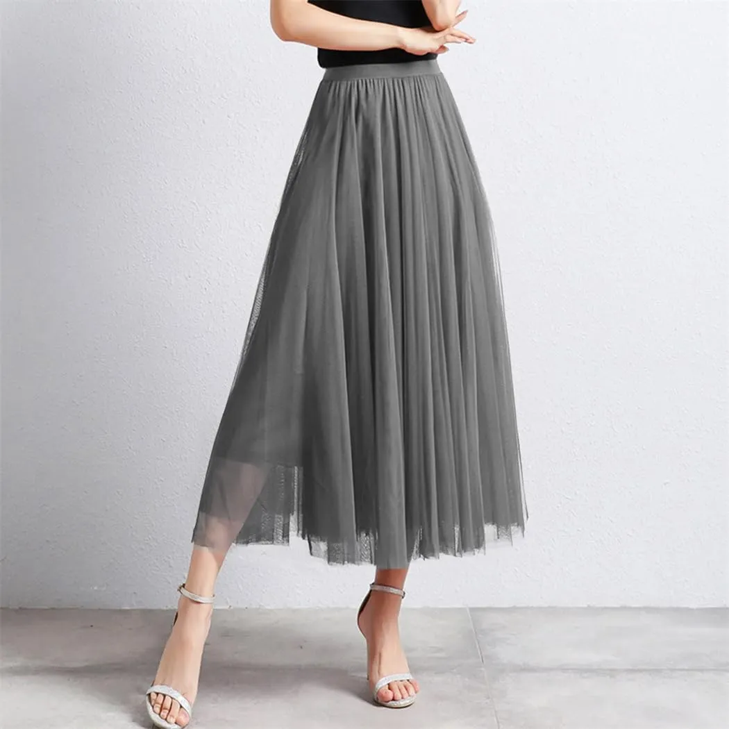Women Loose Mid Length Party Dance High Waisted Tulle A Line Skirt Solid Color Holiday Party Large Swing Skirts