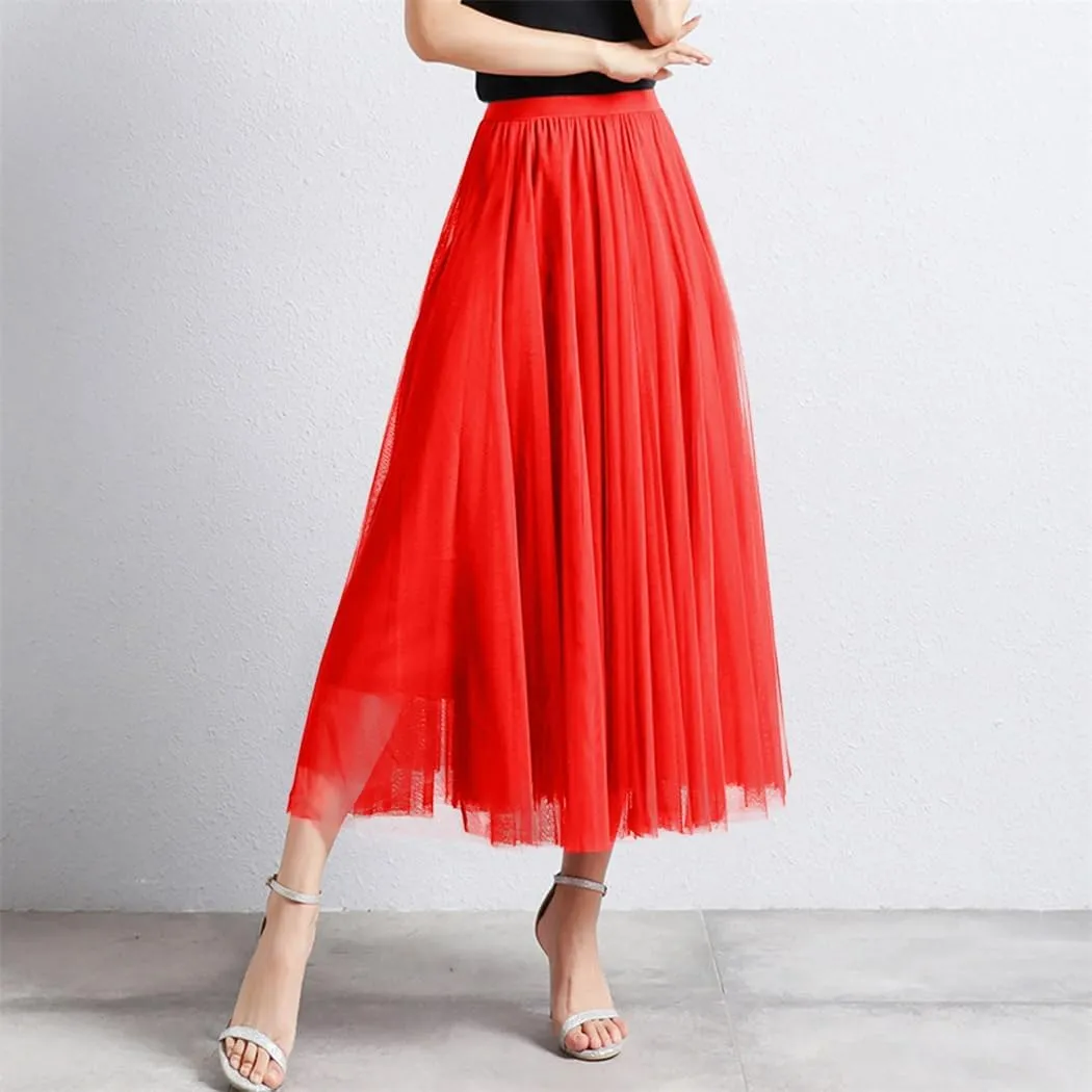 Women Loose Mid Length Party Dance High Waisted Tulle A Line Skirt Solid Color Holiday Party Large Swing Skirts