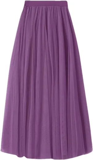 Women Loose Mid Length Party Dance High Waisted Tulle A Line Skirt Solid Color Holiday Party Large Swing Skirts