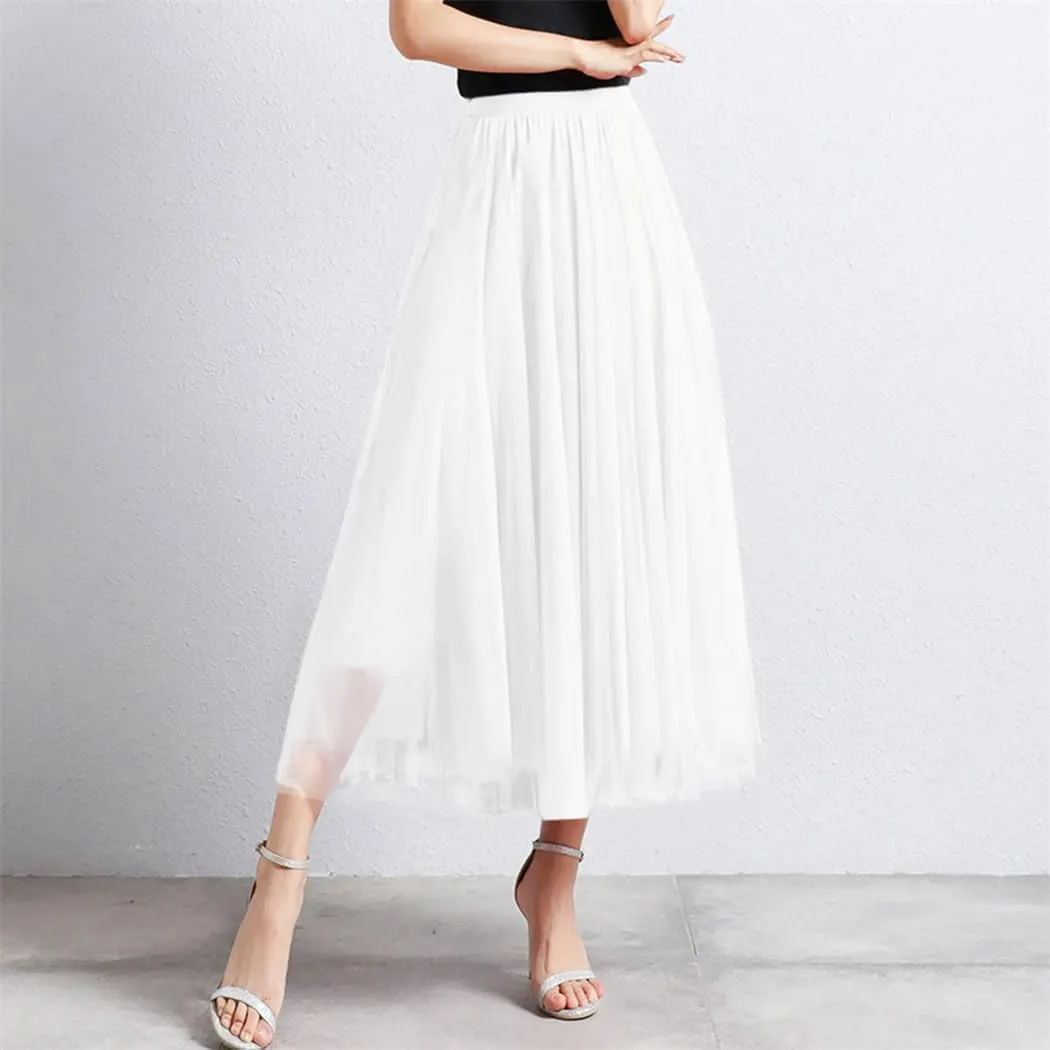 Women Loose Mid Length Party Dance High Waisted Tulle A Line Skirt Solid Color Holiday Party Large Swing Skirts