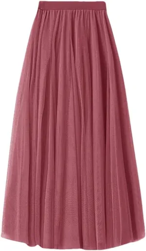 Women Loose Mid Length Party Dance High Waisted Tulle A Line Skirt Solid Color Holiday Party Large Swing Skirts