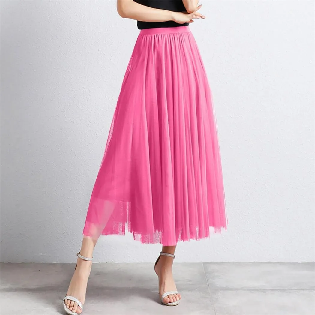 Women Loose Mid Length Party Dance High Waisted Tulle A Line Skirt Solid Color Holiday Party Large Swing Skirts