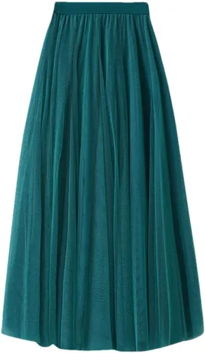 Women Loose Mid Length Party Dance High Waisted Tulle A Line Skirt Solid Color Holiday Party Large Swing Skirts