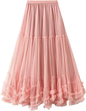 Women Maxi Tutu Tulle Skirt Elastic High Waist Layered Skirt Mesh A-Line Midi Skirt Pleated Cocktail Party Skirts