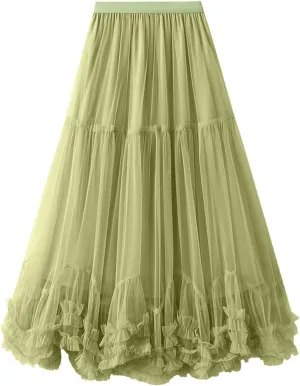 Women Maxi Tutu Tulle Skirt Elastic High Waist Layered Skirt Mesh A-Line Midi Skirt Pleated Cocktail Party Skirts