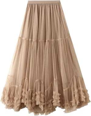 Women Maxi Tutu Tulle Skirt Elastic High Waist Layered Skirt Mesh A-Line Midi Skirt Pleated Cocktail Party Skirts