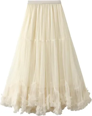 Women Maxi Tutu Tulle Skirt Elastic High Waist Layered Skirt Mesh A-Line Midi Skirt Pleated Cocktail Party Skirts