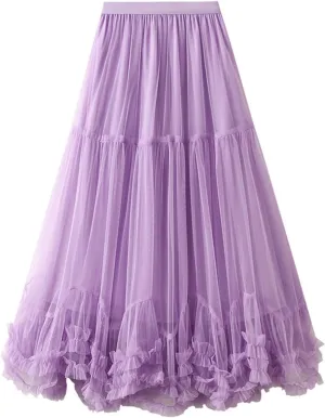 Women Maxi Tutu Tulle Skirt Elastic High Waist Layered Skirt Mesh A-Line Midi Skirt Pleated Cocktail Party Skirts