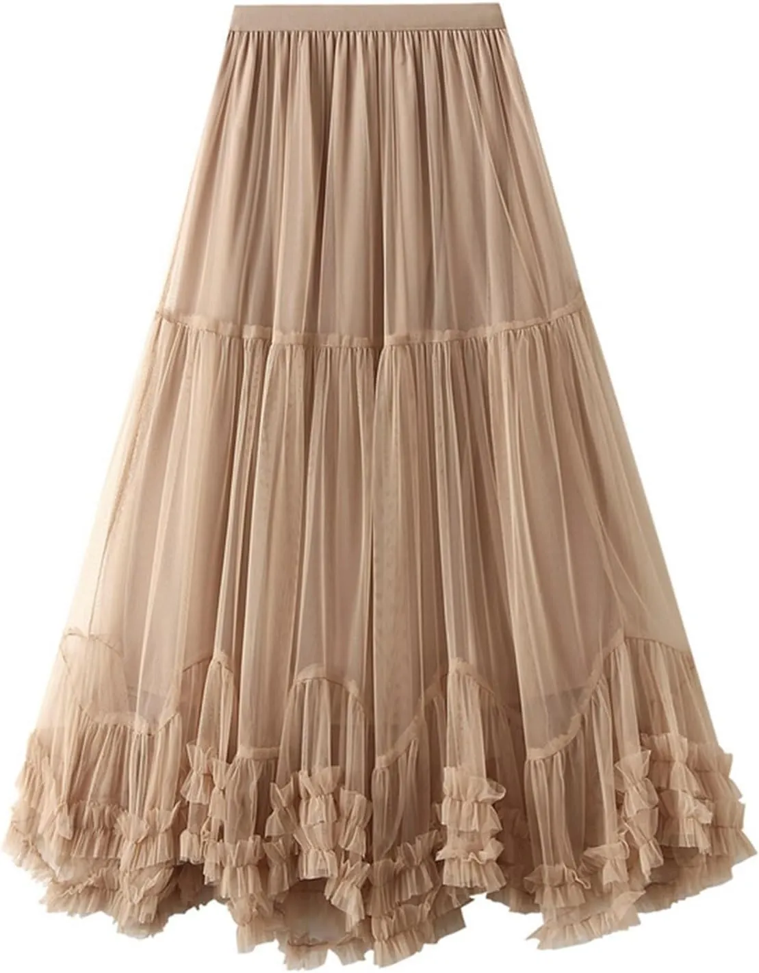 Women Maxi Tutu Tulle Skirt Elastic High Waist Layered Skirt Mesh A-Line Midi Skirt Pleated Cocktail Party Skirts
