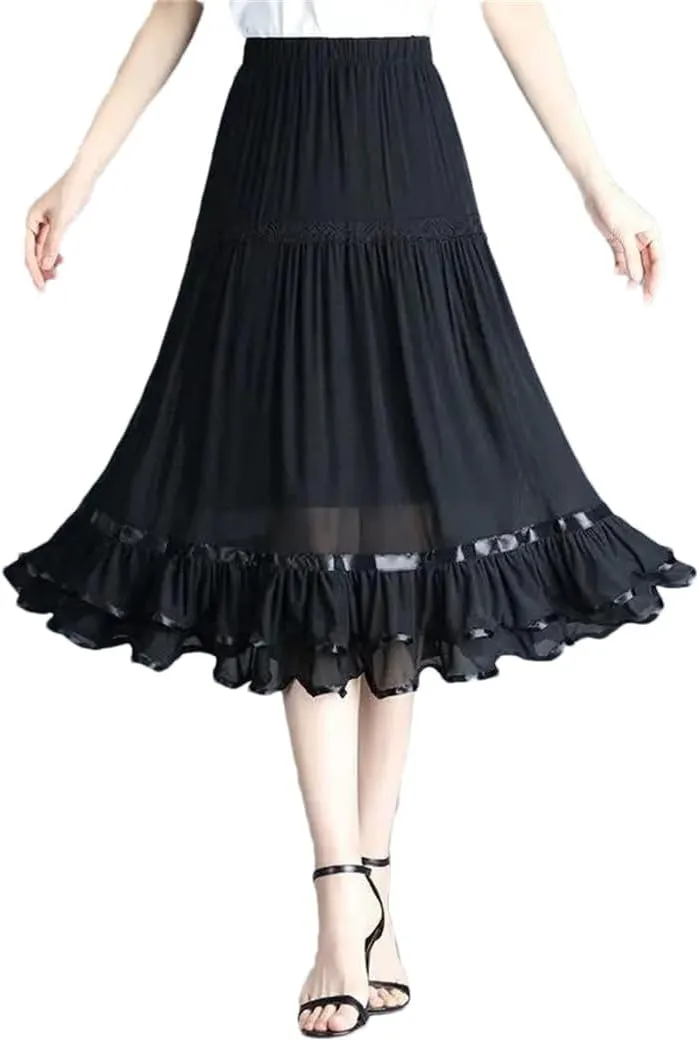 Women Mesh Midi Skirt Office Lady Fashion High Waist Koreon Spring Summer Slim Pleated Skirts
