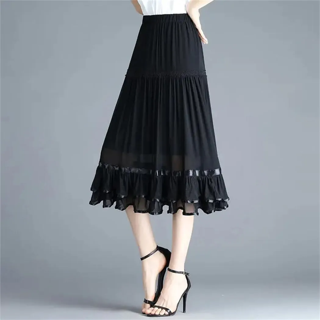 Women Mesh Midi Skirt Office Lady Fashion High Waist Koreon Spring Summer Slim Pleated Skirts