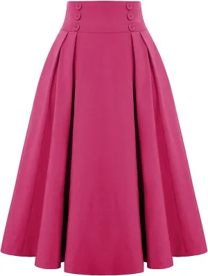 Women Midi Skirt Button High Waisted Elastic Casual Solid Color Pleated Knee Length Flowy A Line Skirts