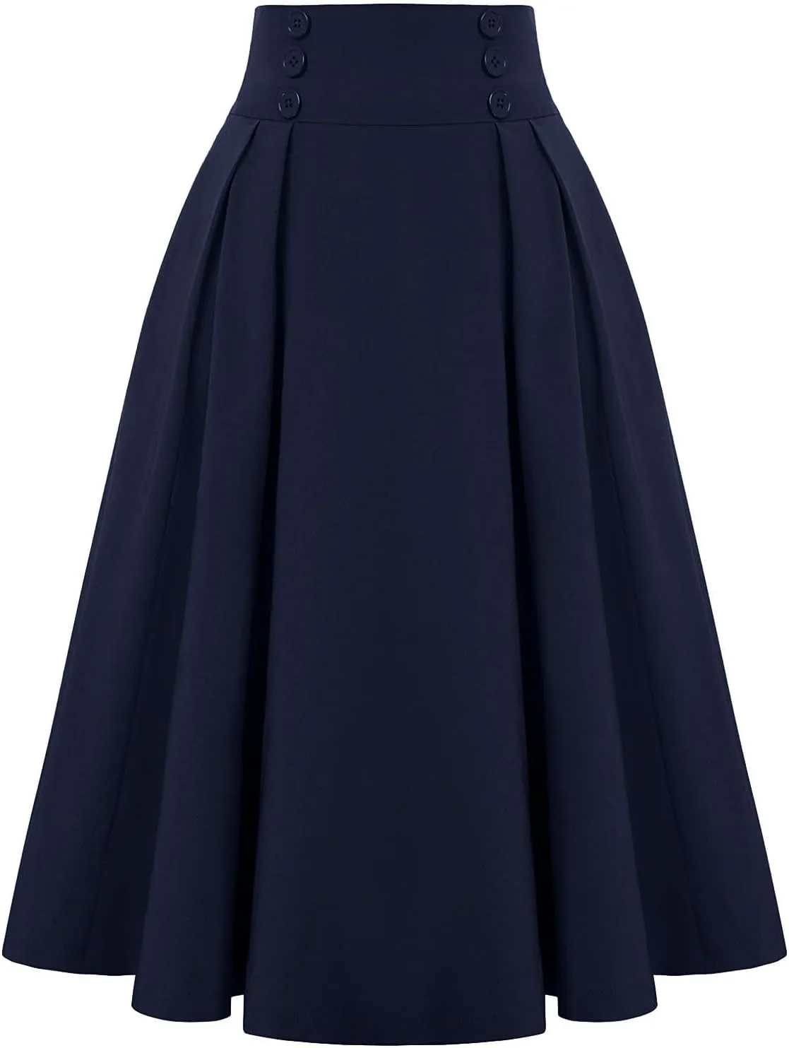 Women Midi Skirt Button High Waisted Elastic Casual Solid Color Pleated Knee Length Flowy A Line Skirts