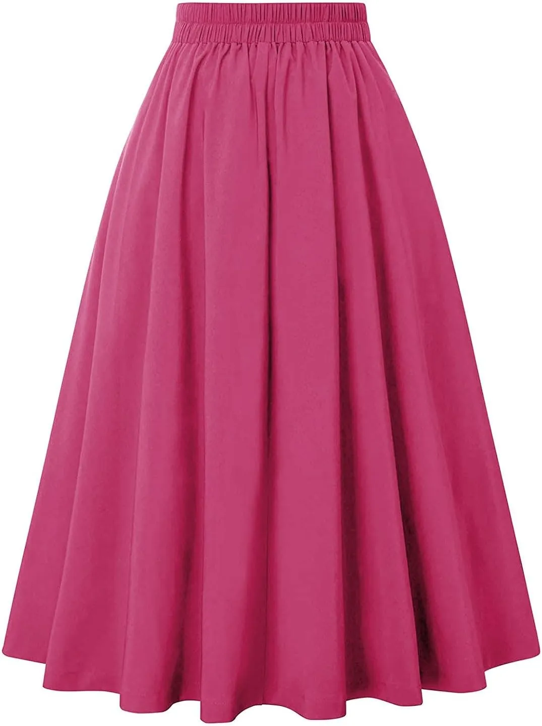 Women Midi Skirt Button High Waisted Elastic Casual Solid Color Pleated Knee Length Flowy A Line Skirts
