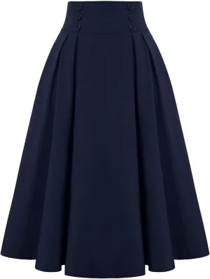 Women Midi Skirt Button High Waisted Elastic Casual Solid Color Pleated Knee Length Flowy A Line Skirts
