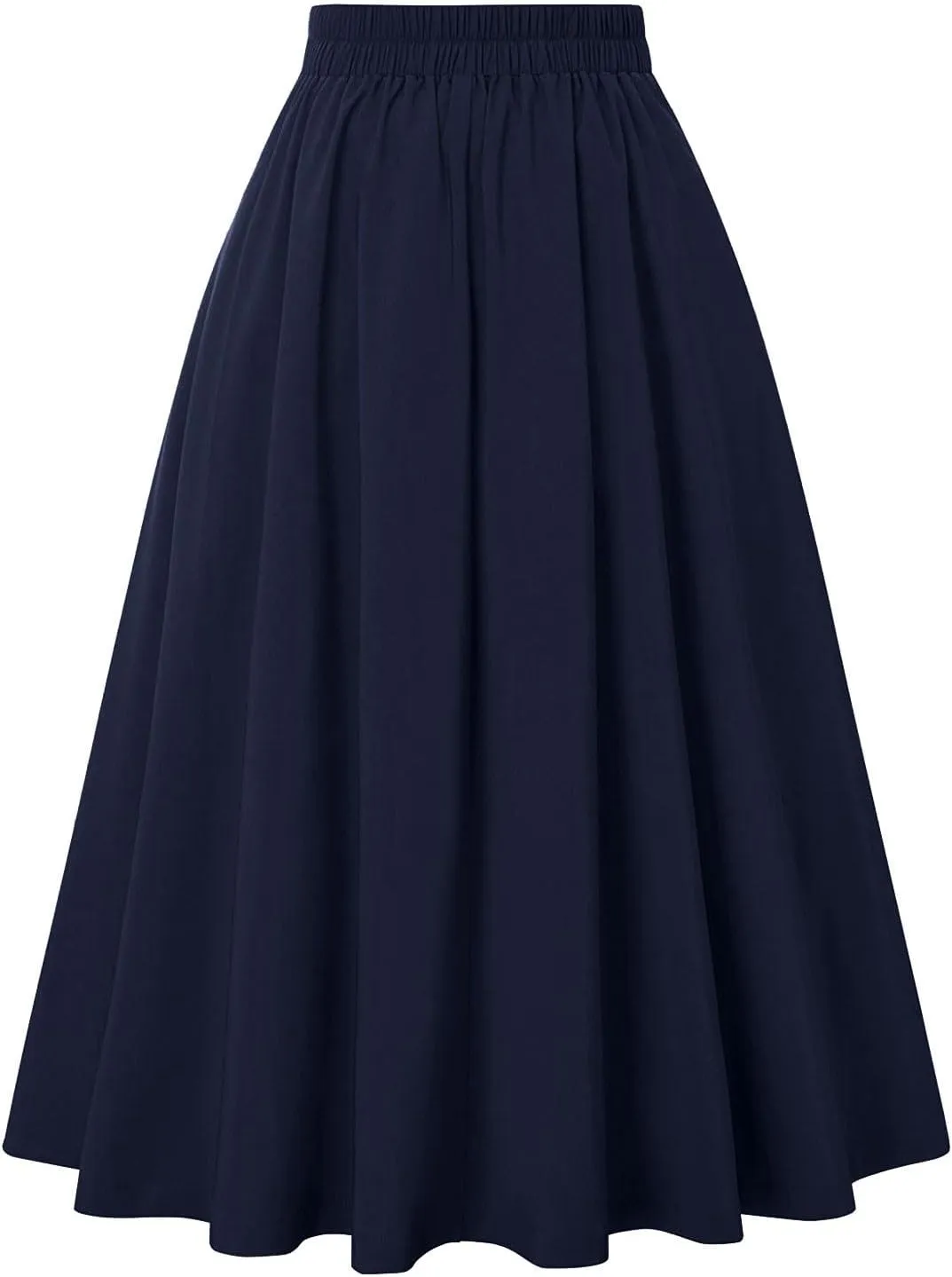 Women Midi Skirt Button High Waisted Elastic Casual Solid Color Pleated Knee Length Flowy A Line Skirts