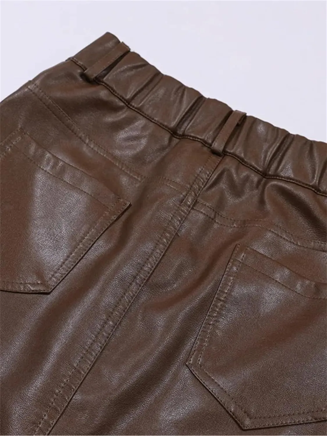 Women PU Leather Bodycon Pencil Skirts Retro High Waist Back Slit Pocket Midi Skirt