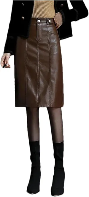 Women PU Leather Bodycon Pencil Skirts Retro High Waist Back Slit Pocket Midi Skirt