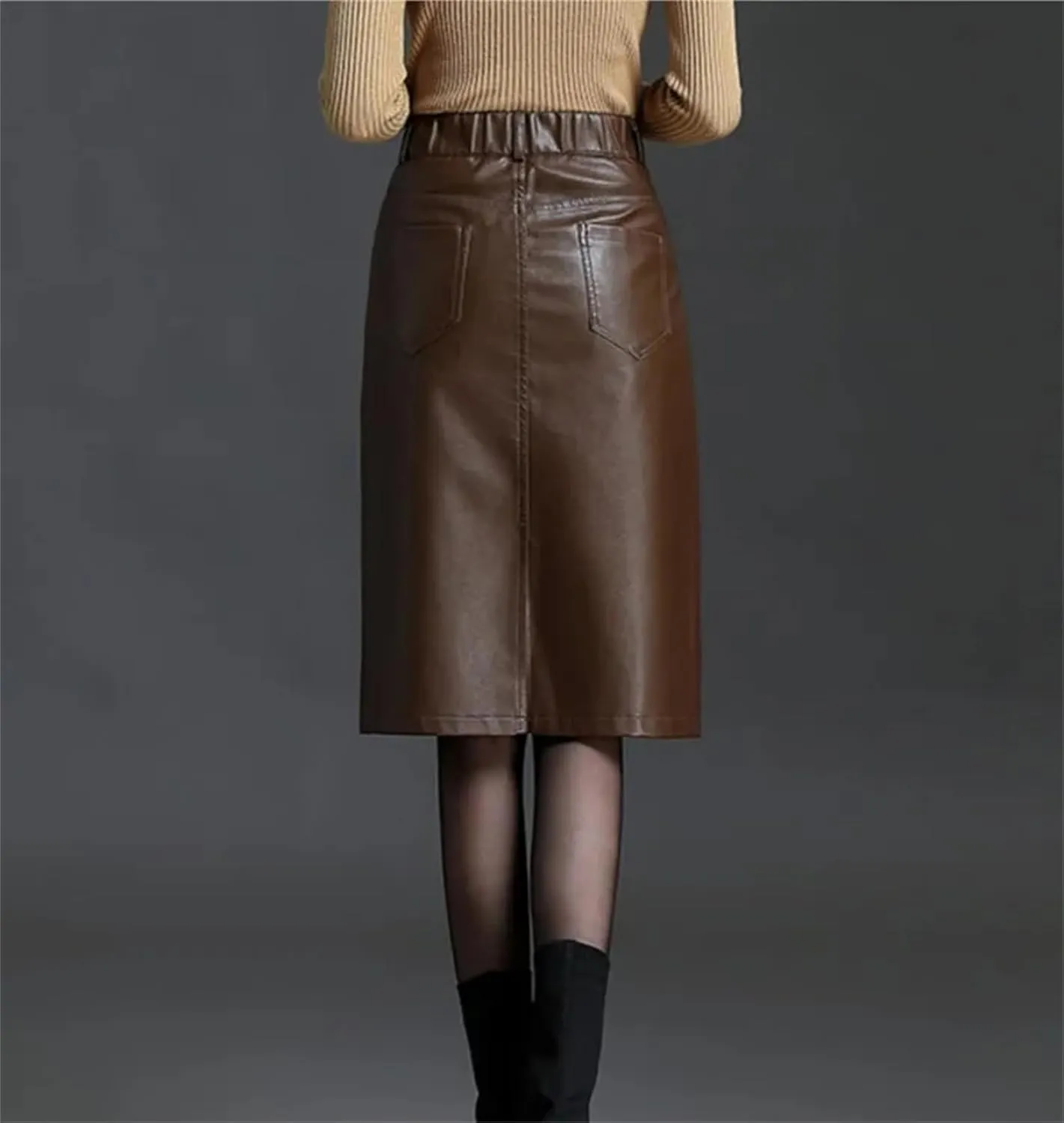 Women PU Leather Bodycon Pencil Skirts Retro High Waist Back Slit Pocket Midi Skirt