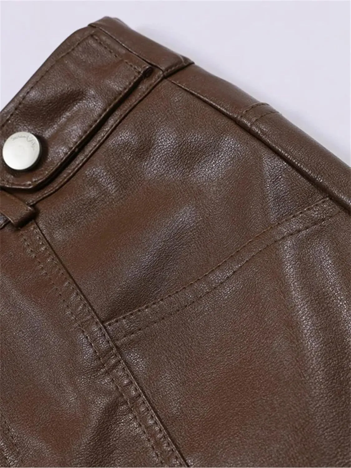 Women PU Leather Bodycon Pencil Skirts Retro High Waist Back Slit Pocket Midi Skirt