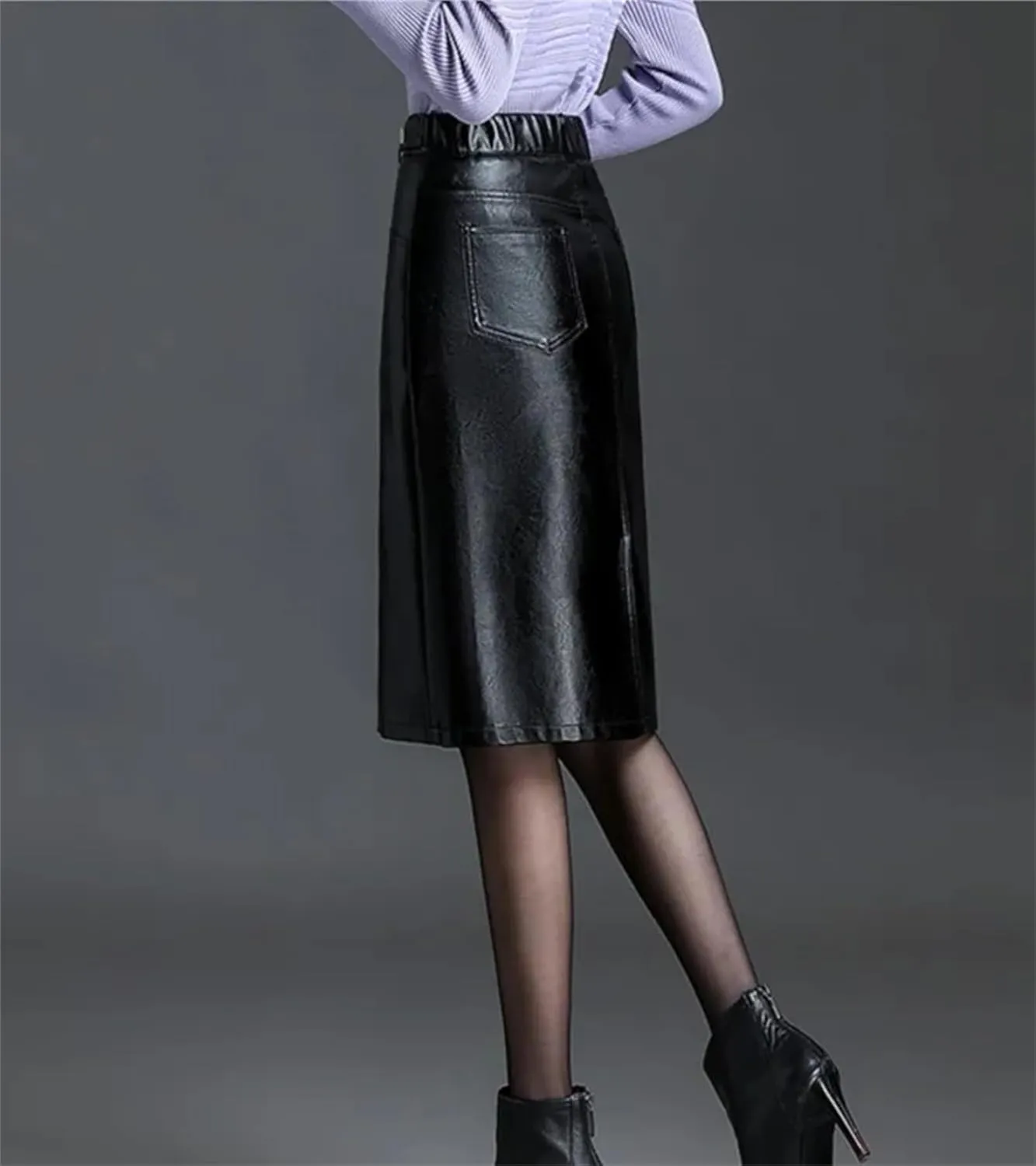 Women PU Leather Bodycon Pencil Skirts Retro High Waist Back Slit Pocket Midi Skirt