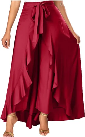 Women Ruffle Pants with Skirt Overlay High Waisted Culottes Skirt Trendy 2 in 1 Pants Skirts Flowy Lace Up Maxi Skirt