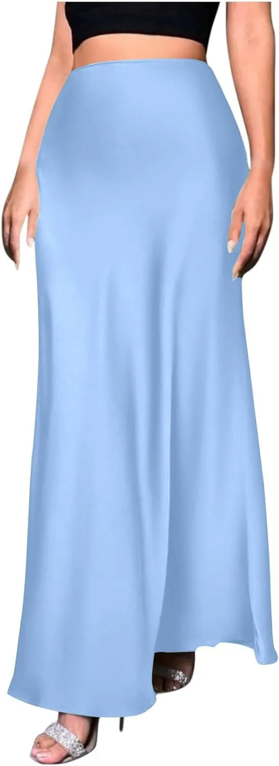 Women Satin Bodyocn Maxi Skirt Elegant High Waisted A Line Mermaid Skirts Cocktail Party Prom Casual Long Skirt