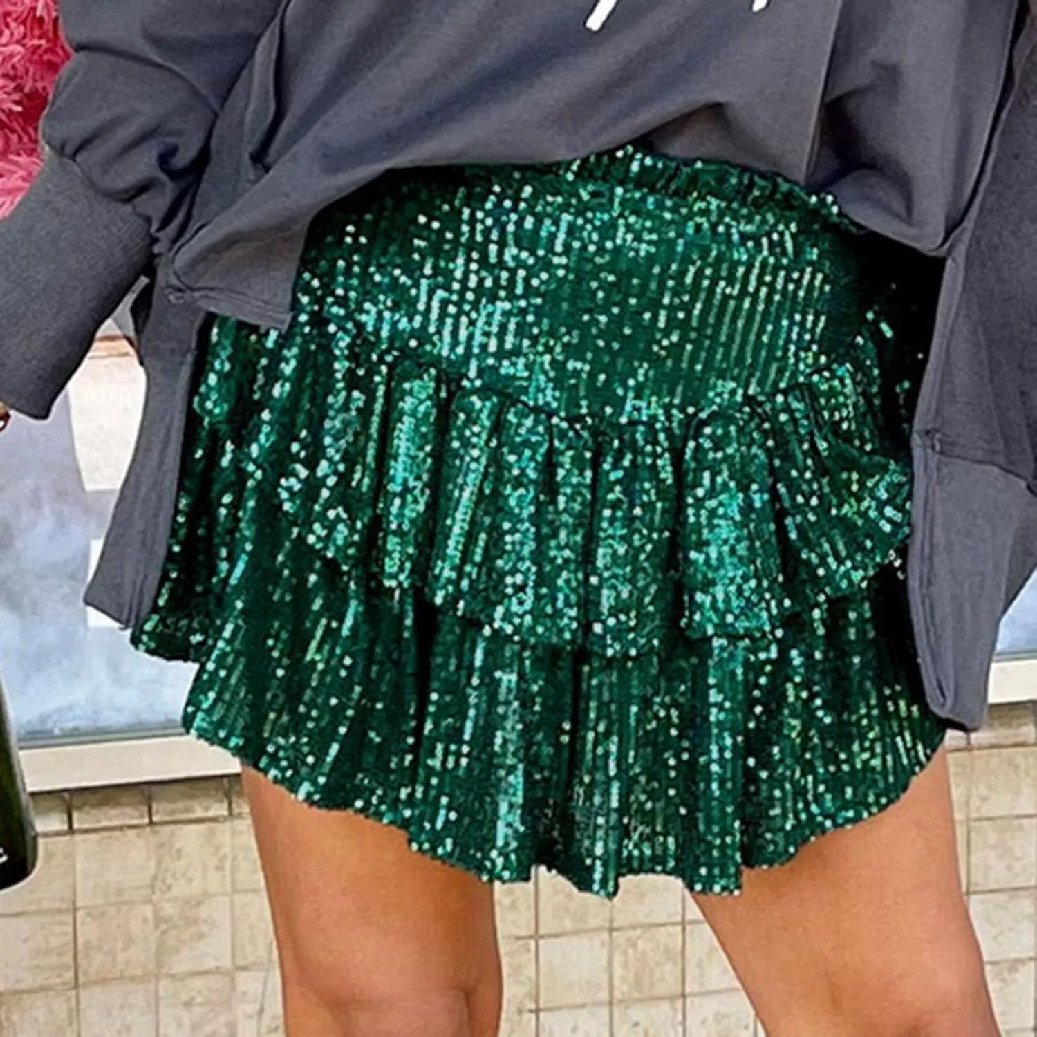 Women Sequin Skirt Sparkly Cute High Waist Ruffle Flowy Shiny Glitter Y2K Mini Short Skirts Night Out Club Party