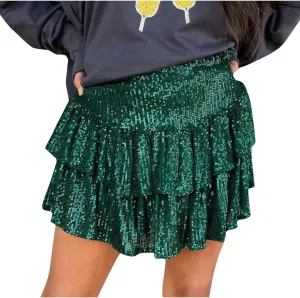 Women Sequin Skirt Sparkly Cute High Waist Ruffle Flowy Shiny Glitter Y2K Mini Short Skirts Night Out Club Party