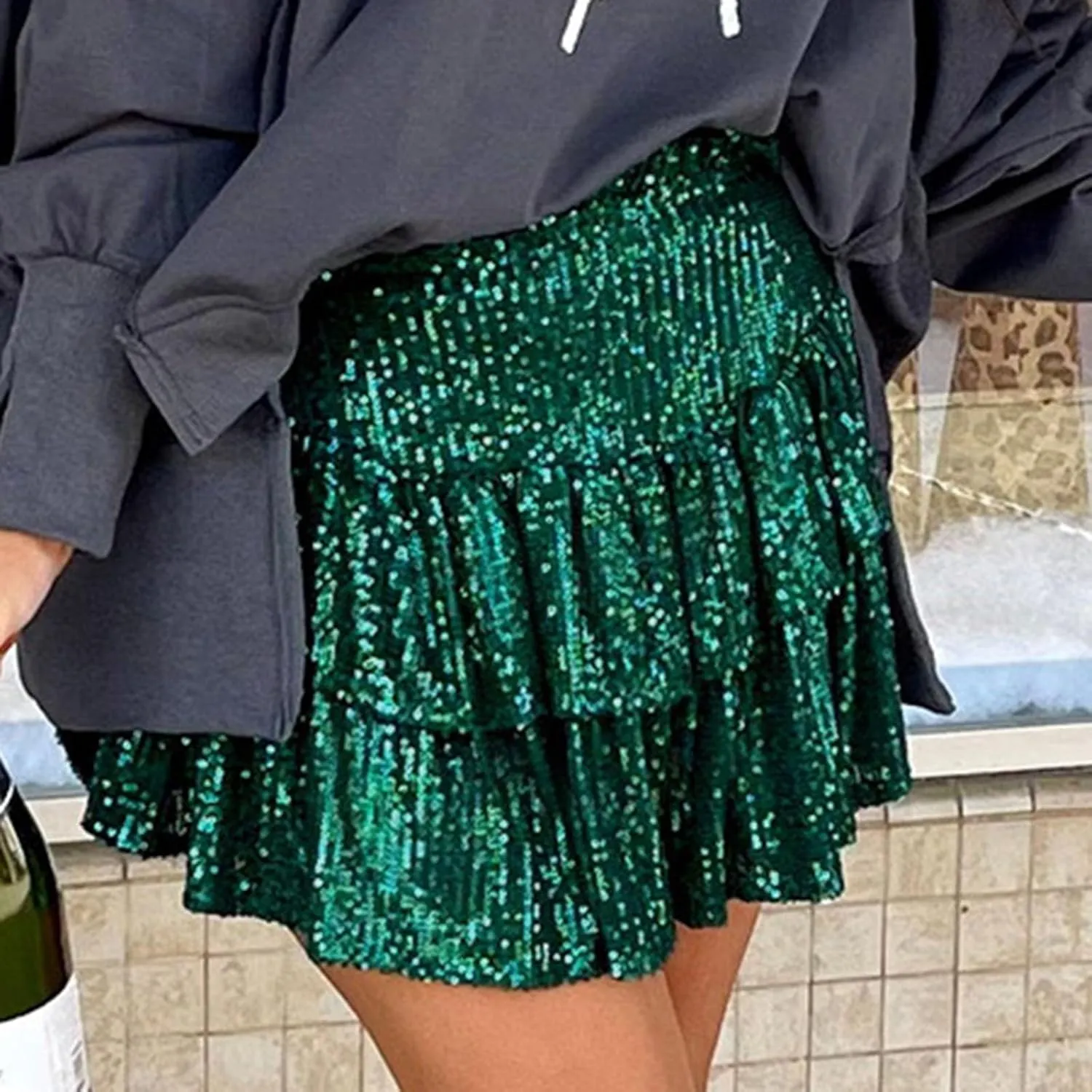 Women Sequin Skirt Sparkly Cute High Waist Ruffle Flowy Shiny Glitter Y2K Mini Short Skirts Night Out Club Party