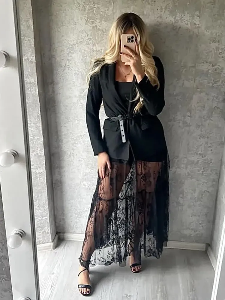 Women Sexy High Waist Solid A-line Cover Ups Beach Sheer Mesh Lace Maxi Skirt Without Lining