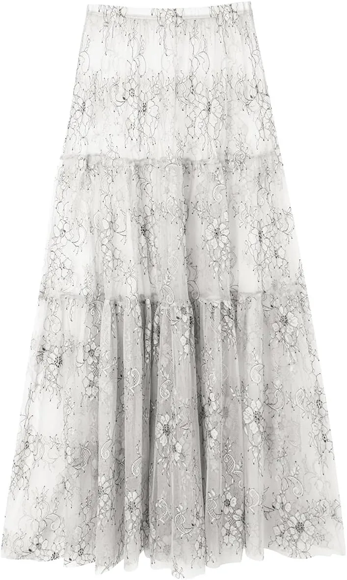 Women Sexy High Waist Solid A-line Cover Ups Beach Sheer Mesh Lace Maxi Skirt Without Lining