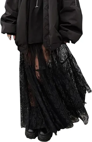 Women Sexy High Waist Solid A-line Cover Ups Beach Sheer Mesh Lace Maxi Skirt Without Lining