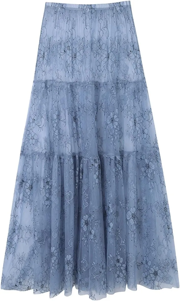 Women Sexy High Waist Solid A-line Cover Ups Beach Sheer Mesh Lace Maxi Skirt Without Lining