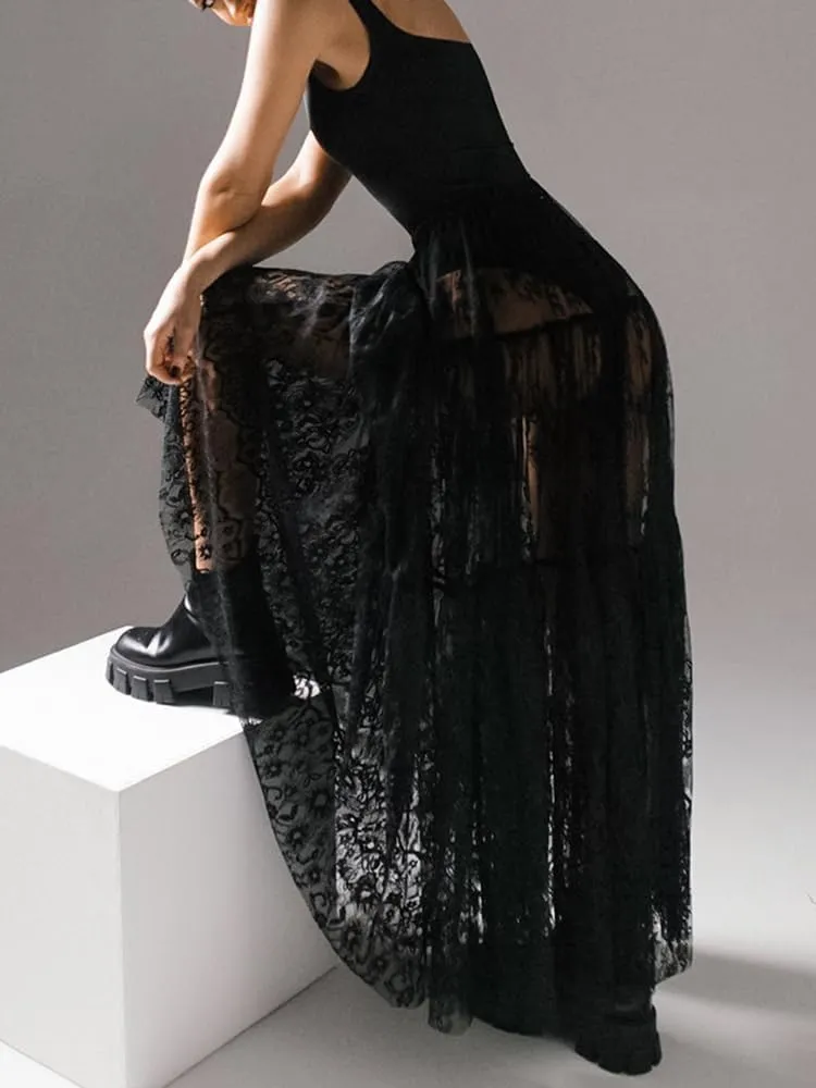Women Sexy High Waist Solid A-line Cover Ups Beach Sheer Mesh Lace Maxi Skirt Without Lining