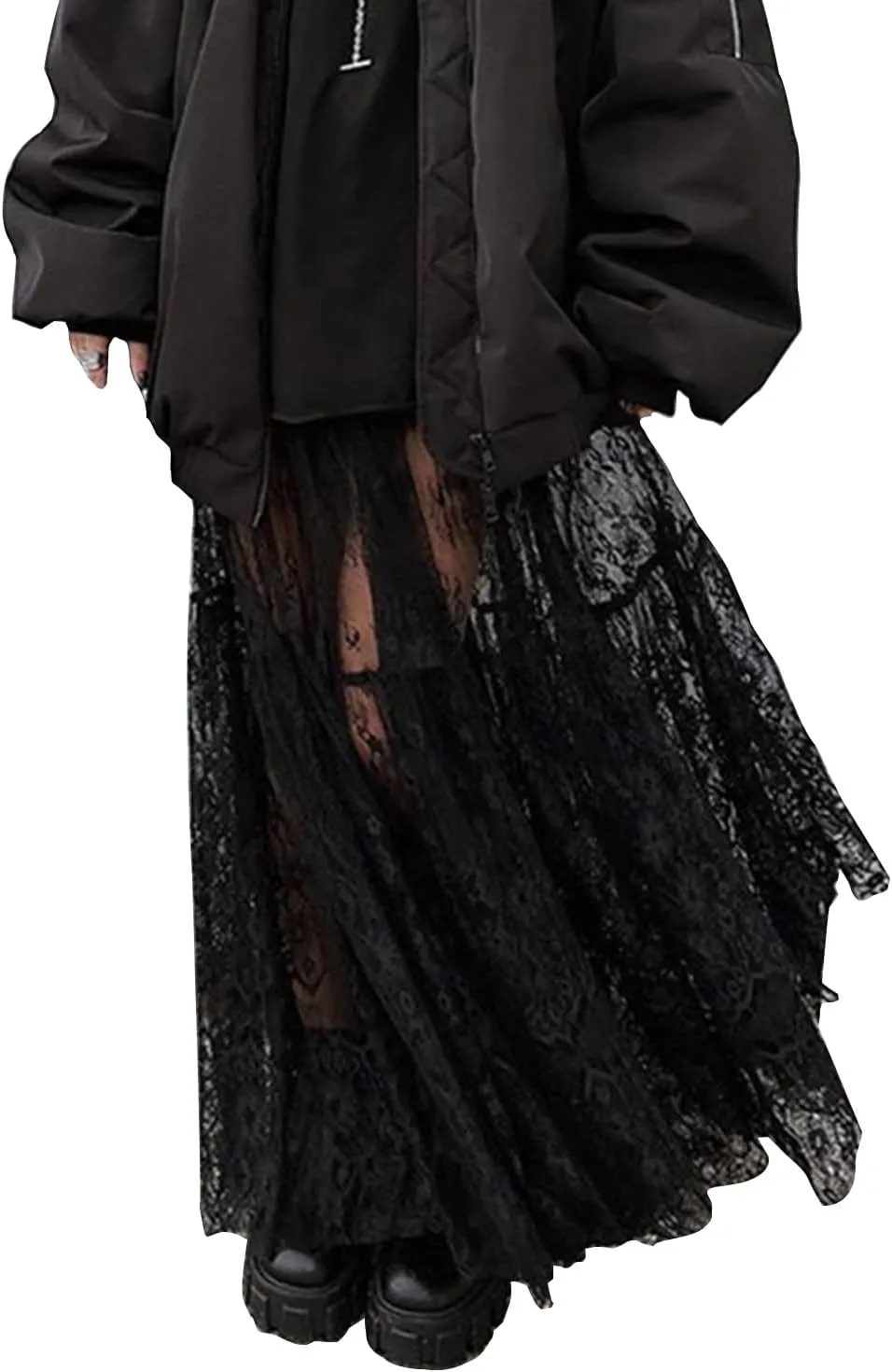 Women Sexy High Waist Solid A-line Cover Ups Beach Sheer Mesh Lace Maxi Skirt Without Lining