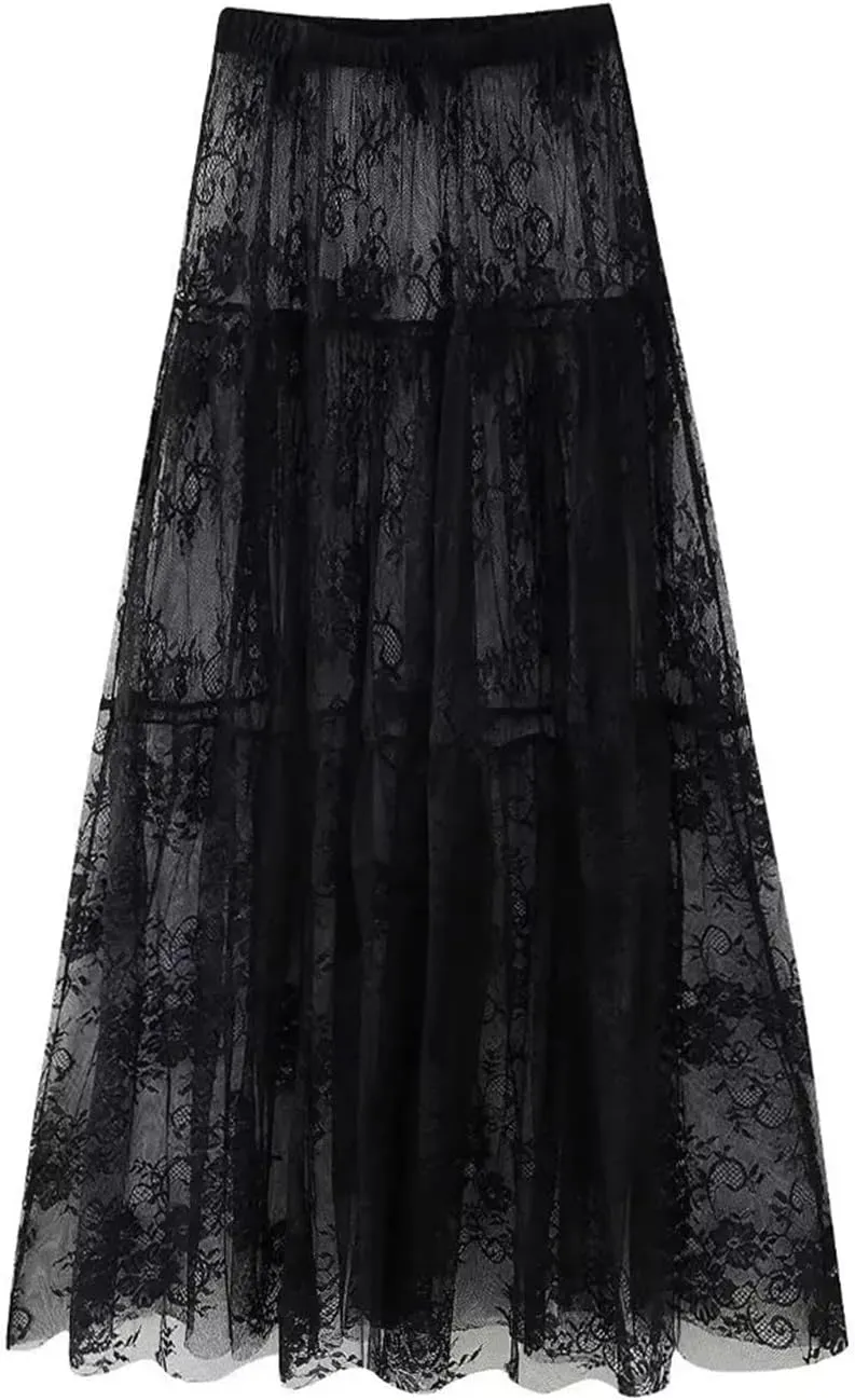 Women Sexy High Waist Solid A-line Cover Ups Beach Sheer Mesh Lace Maxi Skirt Without Lining
