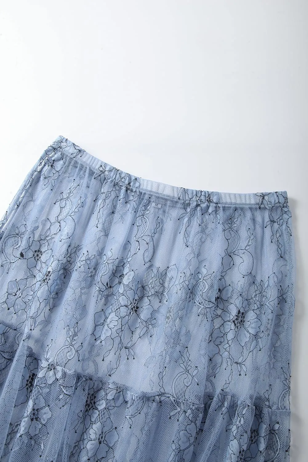 Women Sexy High Waist Solid A-line Cover Ups Beach Sheer Mesh Lace Maxi Skirt Without Lining