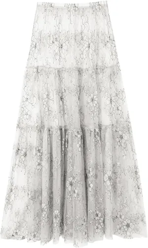 Women Sexy High Waist Solid A-line Cover Ups Beach Sheer Mesh Lace Maxi Skirt Without Lining