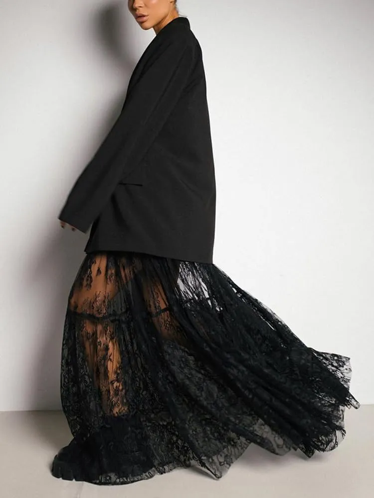 Women Sexy High Waist Solid A-line Cover Ups Beach Sheer Mesh Lace Maxi Skirt Without Lining
