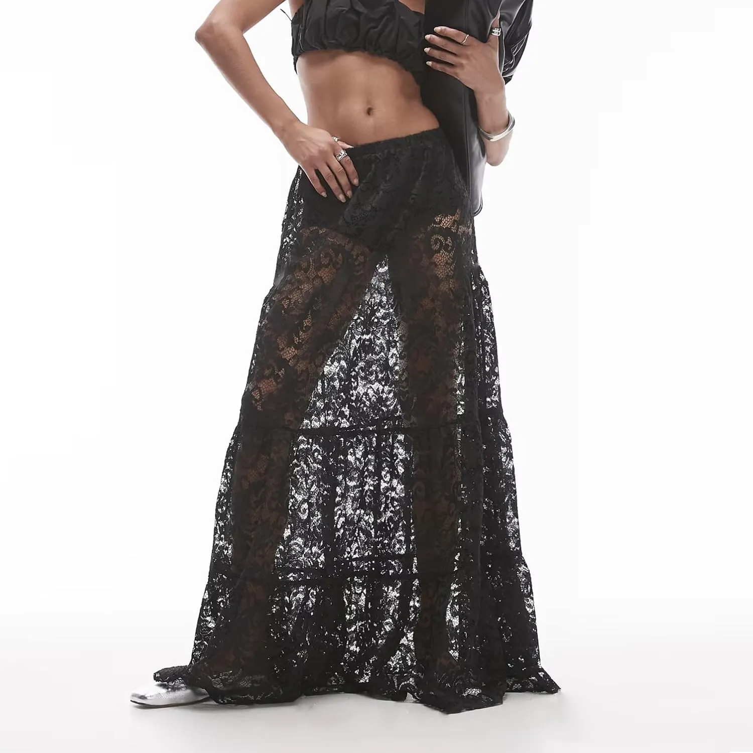Women Sexy See Through Floral Lace Long Skirt Summer Y2k Solid Elastic Waist Sheer Mesh Lace Flowy Maxi Skirt
