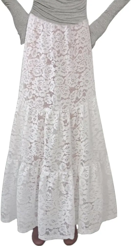 Women Sexy See Through Floral Lace Long Skirt Summer Y2k Solid Elastic Waist Sheer Mesh Lace Flowy Maxi Skirt