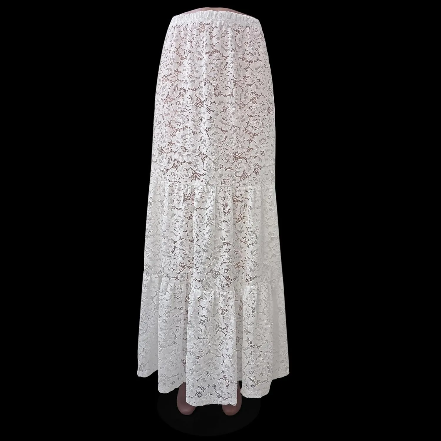Women Sexy See Through Floral Lace Long Skirt Summer Y2k Solid Elastic Waist Sheer Mesh Lace Flowy Maxi Skirt