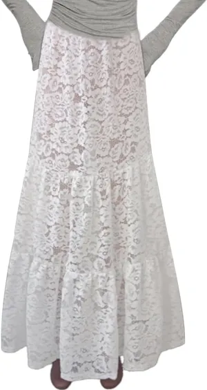 Women Sexy See Through Floral Lace Long Skirt Summer Y2k Solid Elastic Waist Sheer Mesh Lace Flowy Maxi Skirt