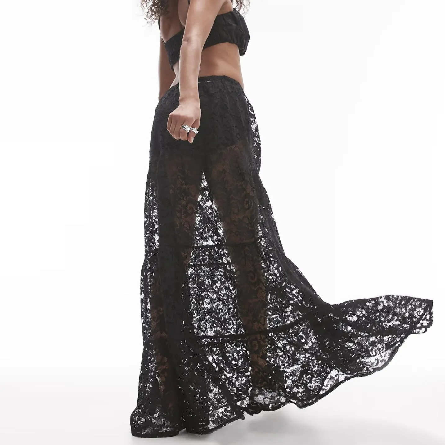 Women Sexy See Through Floral Lace Long Skirt Summer Y2k Solid Elastic Waist Sheer Mesh Lace Flowy Maxi Skirt