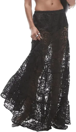 Women Sexy See Through Floral Lace Long Skirt Summer Y2k Solid Elastic Waist Sheer Mesh Lace Flowy Maxi Skirt